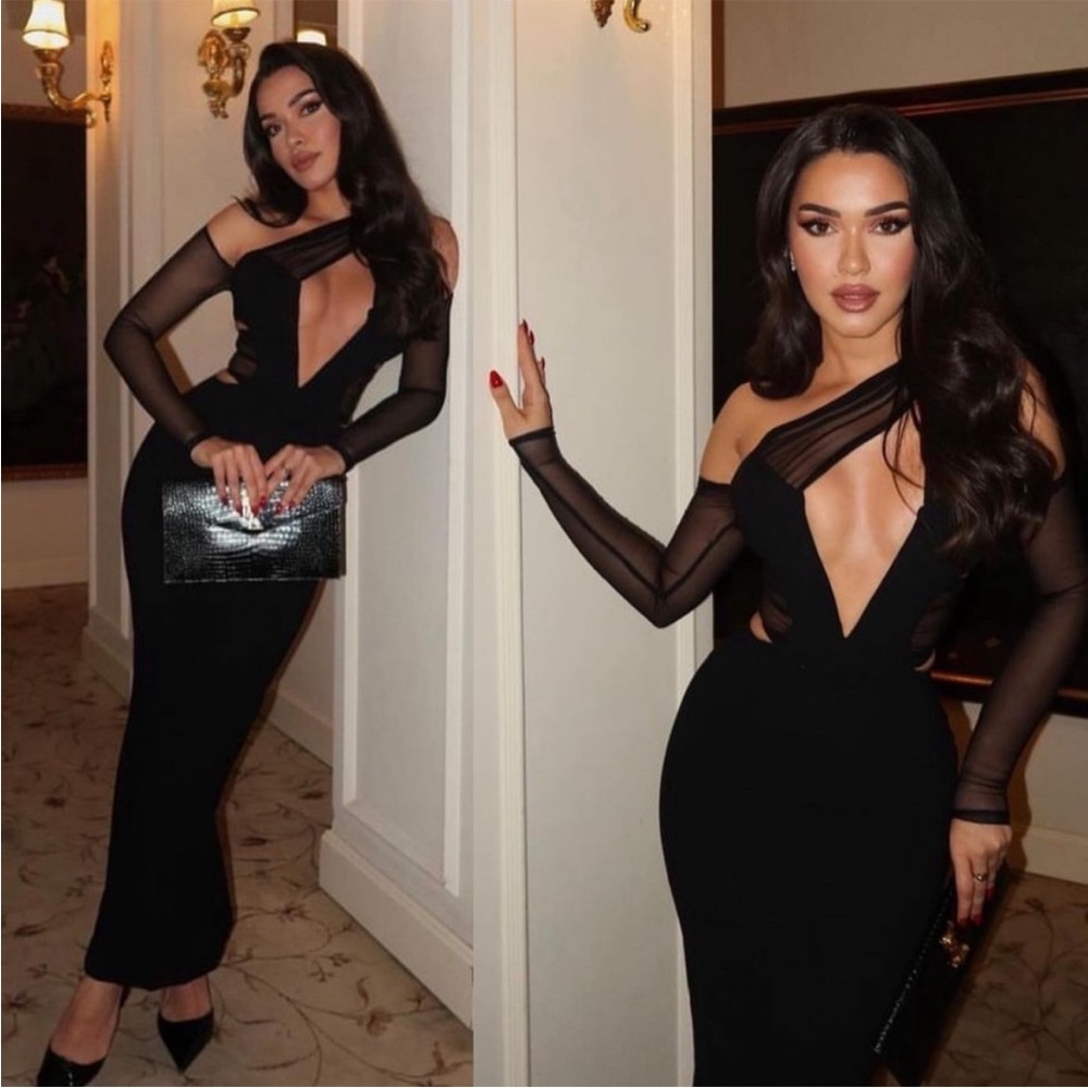 House of CB Black Zahara Bodycon Midi Dress with Cut Out Backless Slit